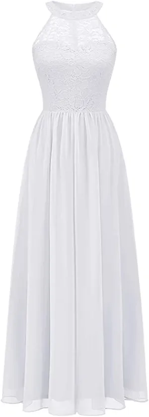 Women's Sleeveless Halter Floral Lace Formal Dress Cocktail Party Dress Bridesmaid Dress, IN WHITE! Size XS