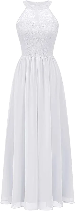 Women's Sleeveless Halter Floral Lace Formal Dress Cocktail Party Dress Bridesmaid Dress, IN WHITE! Size XS