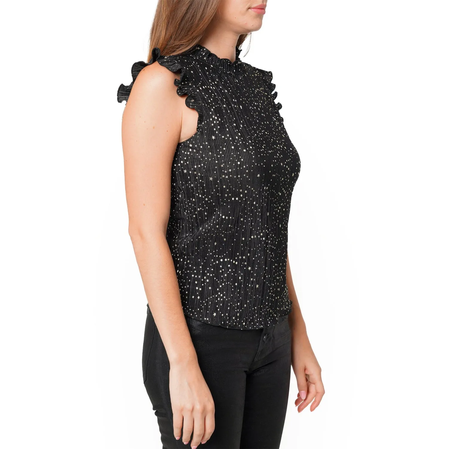 Women's Sleeveless Mock Neck Lettuce Edge Top In Black Gold