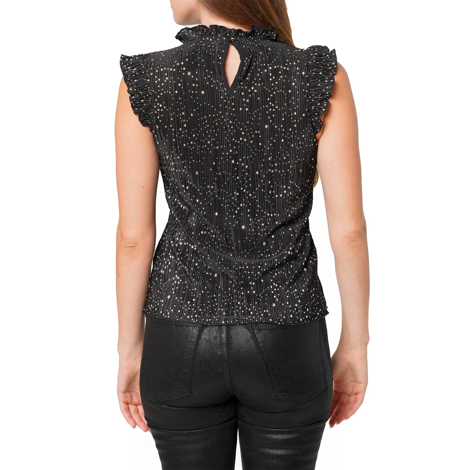 Women's Sleeveless Mock Neck Lettuce Edge Top In Black Gold