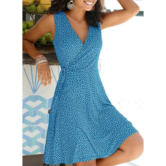 Women's Sleeveless V Neck Polka Dot Wrap Around Dress