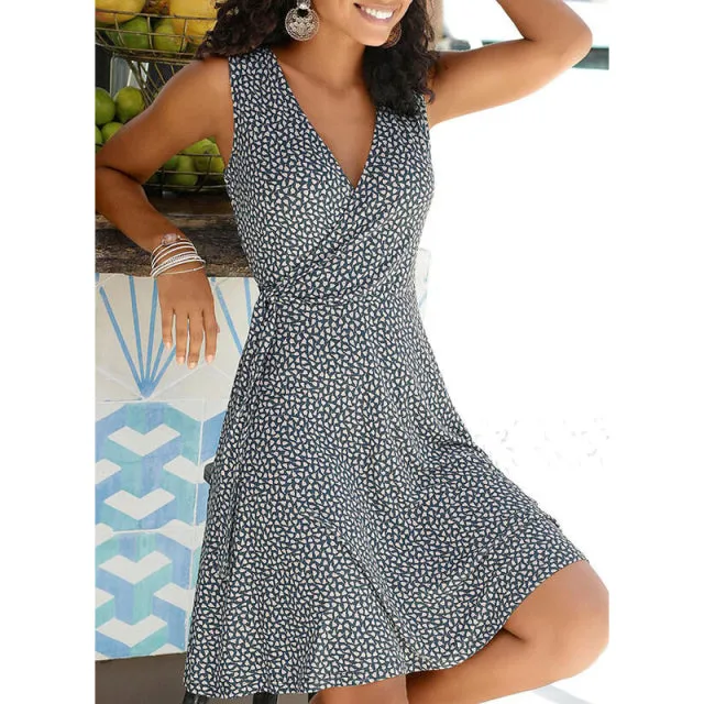 Women's Sleeveless V Neck Polka Dot Wrap Around Dress