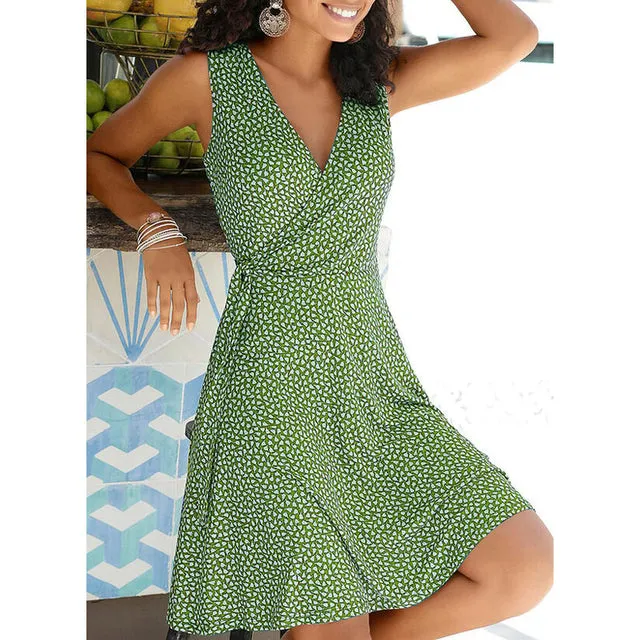 Women's Sleeveless V Neck Polka Dot Wrap Around Dress