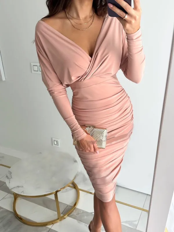Women's Solid Color Ruched Faux Wrap Dress