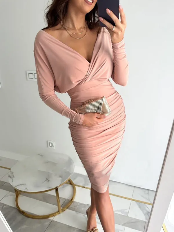 Women's Solid Color Ruched Faux Wrap Dress