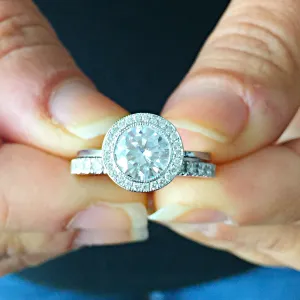 Women's Stunning 14k solid white gold round and Round cut diamond engagement ring halo natural diamonds 1.60ctw