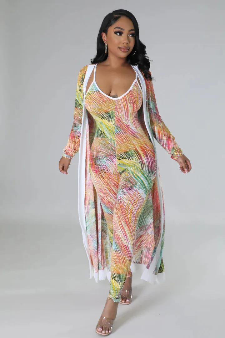 Women's Tropical Design X Back Jumpsuit Cardigan Multi-Color Set