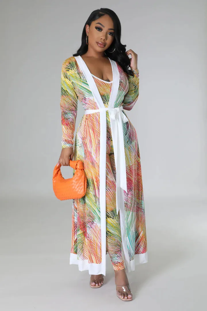 Women's Tropical Design X Back Jumpsuit Cardigan Multi-Color Set
