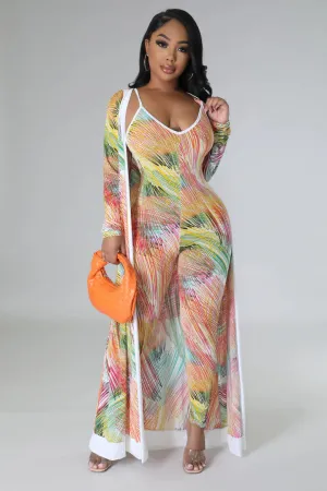 Women's Tropical Design X Back Jumpsuit Cardigan Multi-Color Set