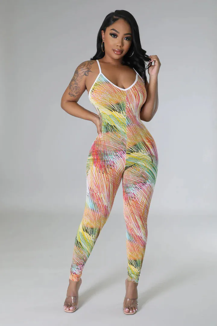 Women's Tropical Design X Back Jumpsuit Cardigan Multi-Color Set