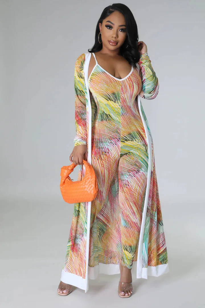 Women's Tropical Design X Back Jumpsuit Cardigan Multi-Color Set