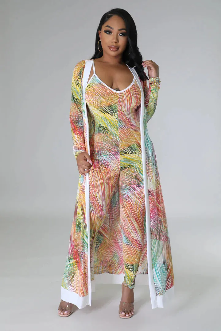 Women's Tropical Design X Back Jumpsuit Cardigan Multi-Color Set