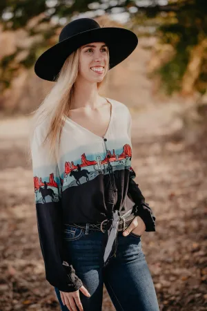 Women's 'Turquoise Border' Long Sleeve Blouse by Roper (S & M ONLY)