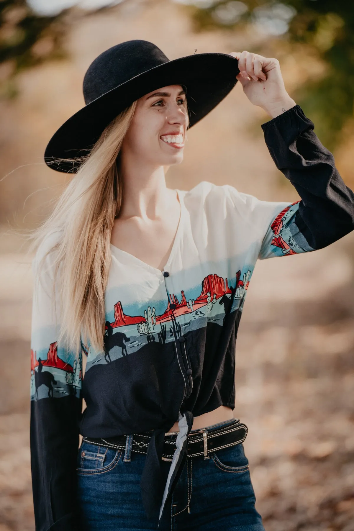 Women's 'Turquoise Border' Long Sleeve Blouse by Roper (S & M ONLY)