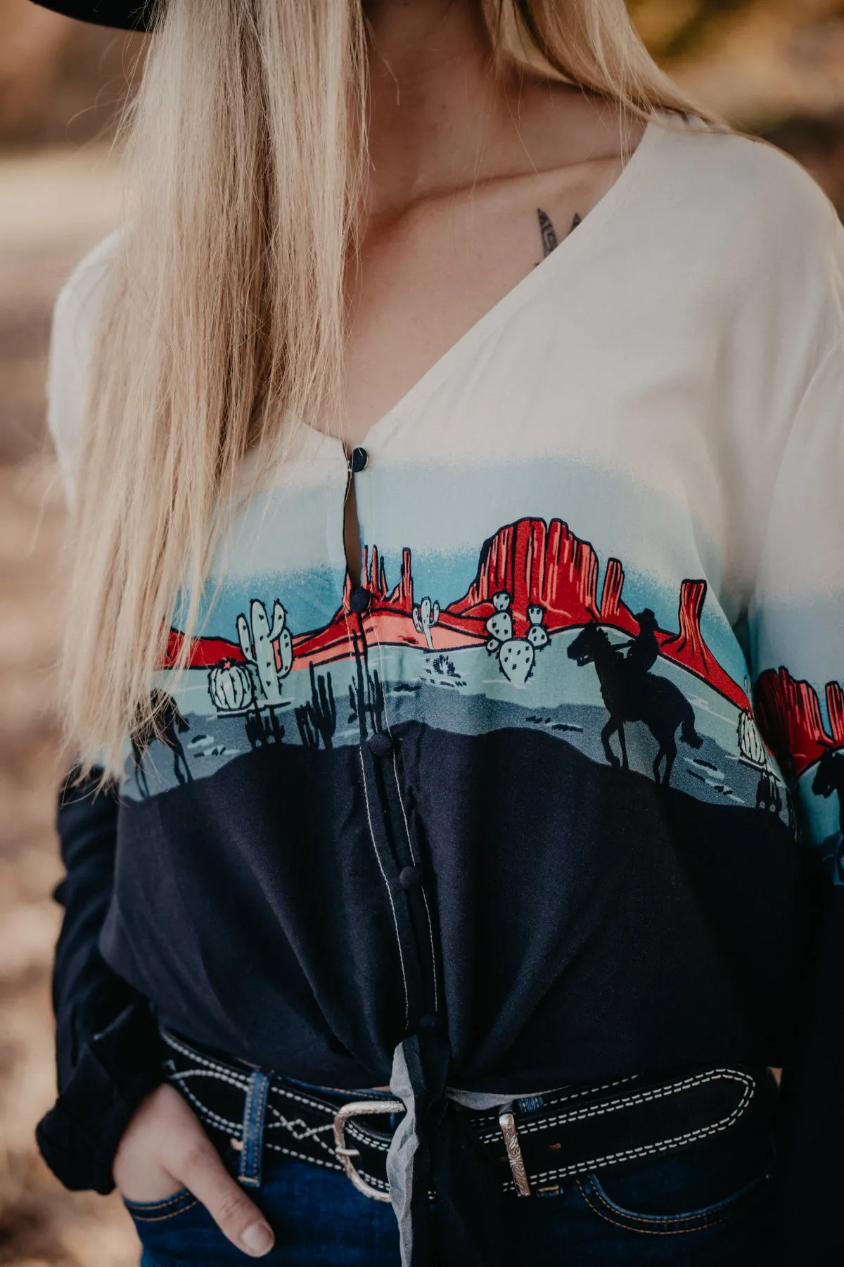 Women's 'Turquoise Border' Long Sleeve Blouse by Roper (S & M ONLY)