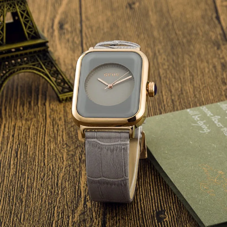 Women's Watch black square pattern dial leather strap quartz women's clothing watch