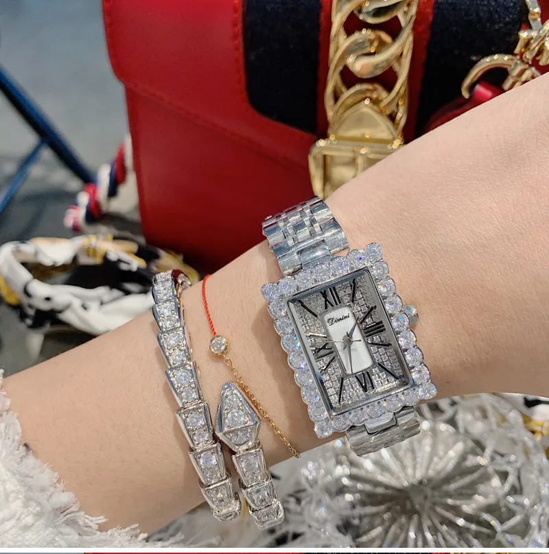 Women's Watch diamond square Pattern Roman Numeral Scale dial stainless steel strap elegant watch