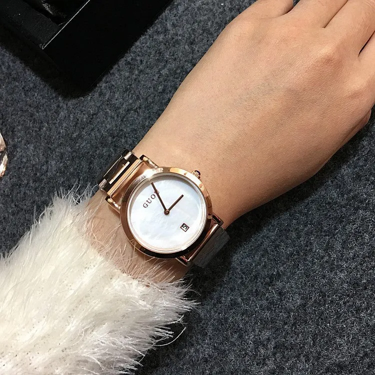 Women's Watch white round ultra-thin With Calendar dial gold stainless steel strap simple watch