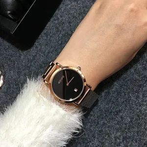 Women's Watch white round ultra-thin With Calendar dial gold stainless steel strap simple watch