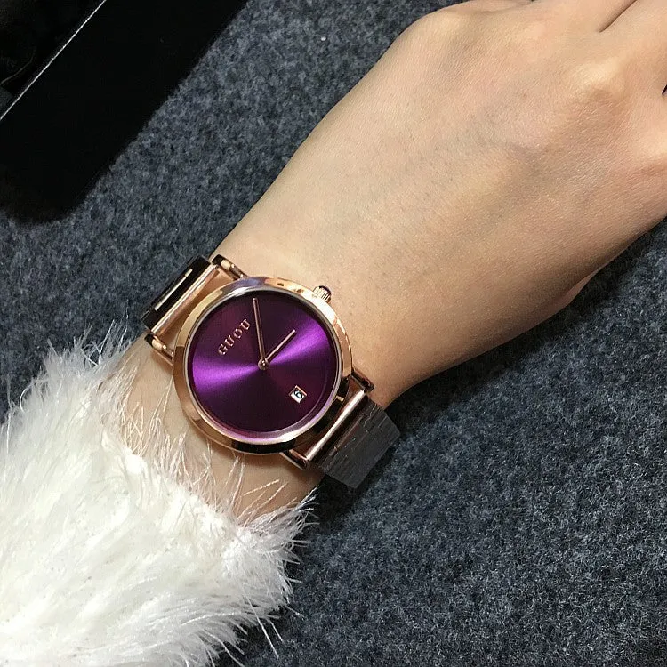 Women's Watch white round ultra-thin With Calendar dial gold stainless steel strap simple watch