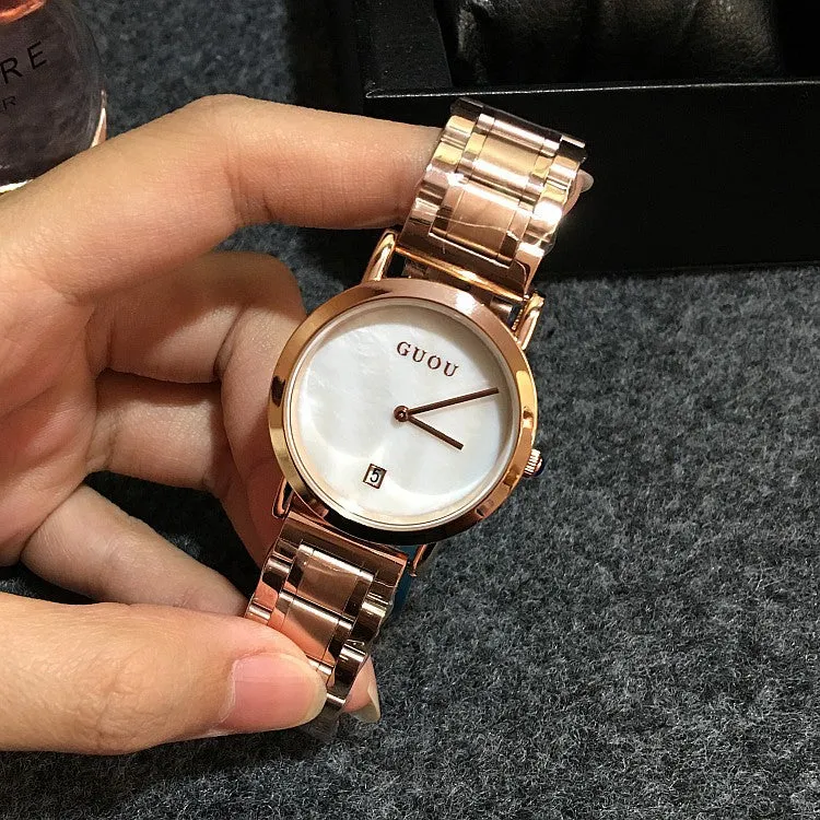 Women's Watch white round ultra-thin With Calendar dial gold stainless steel strap simple watch