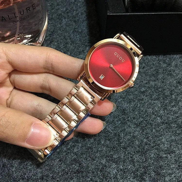 Women's Watch white round ultra-thin With Calendar dial gold stainless steel strap simple watch