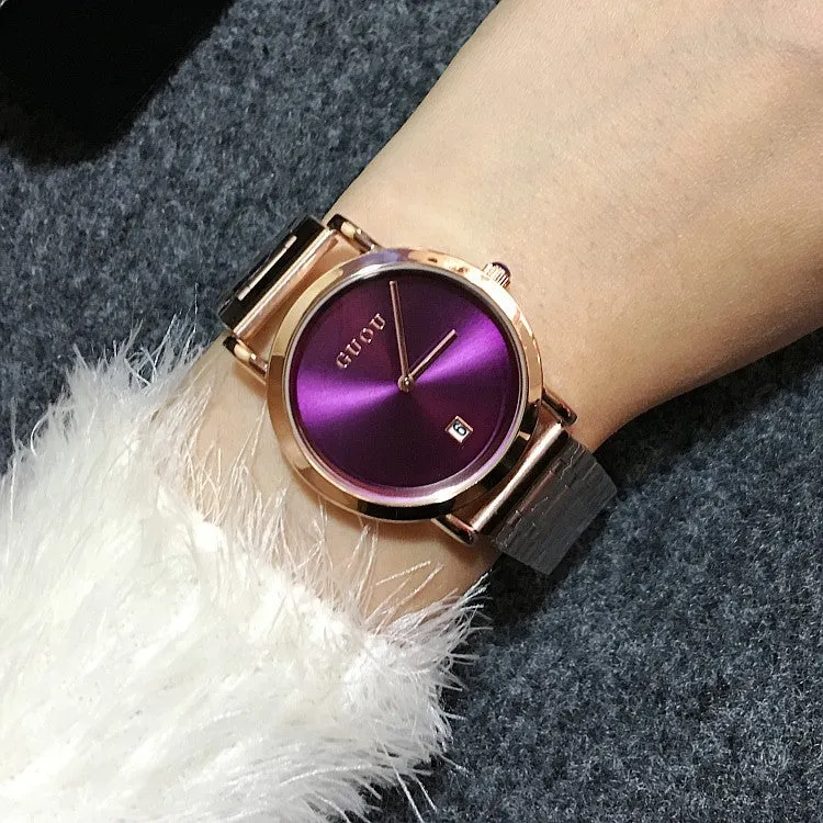 Women's Watch white round ultra-thin With Calendar dial gold stainless steel strap simple watch