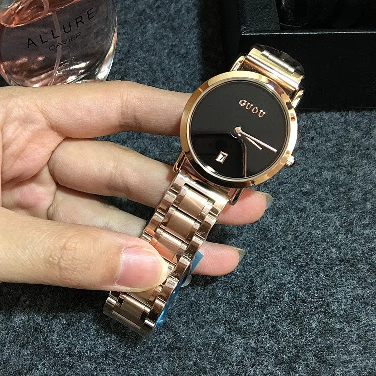 Women's Watch white round ultra-thin With Calendar dial gold stainless steel strap simple watch