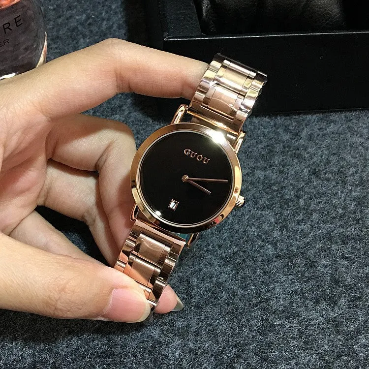 Women's Watch white round ultra-thin With Calendar dial gold stainless steel strap simple watch