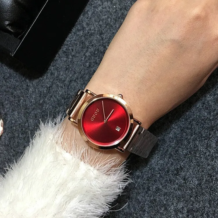 Women's Watch white round ultra-thin With Calendar dial gold stainless steel strap simple watch