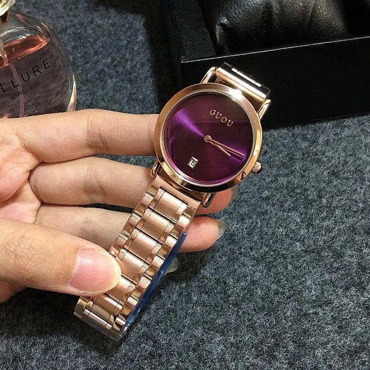Women's Watch white round ultra-thin With Calendar dial gold stainless steel strap simple watch