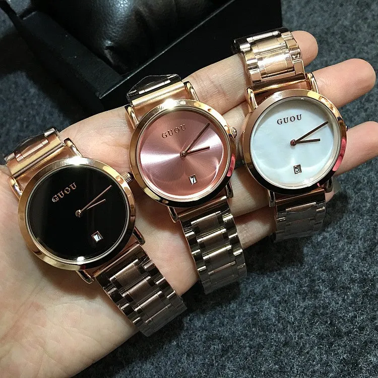 Women's Watch white round ultra-thin With Calendar dial gold stainless steel strap simple watch