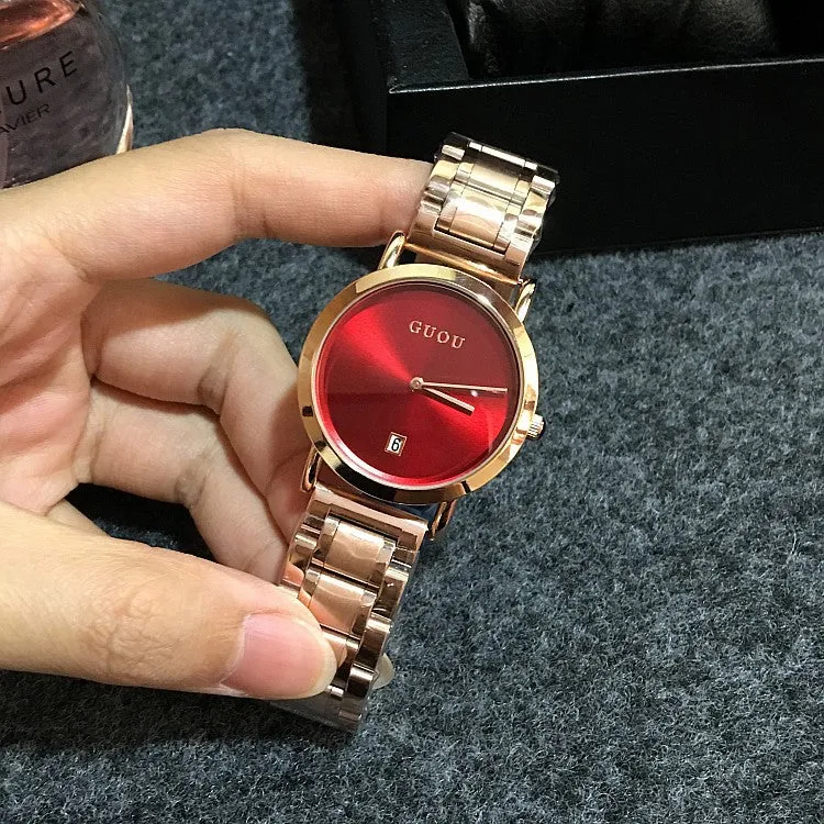 Women's Watch white round ultra-thin With Calendar dial gold stainless steel strap simple watch