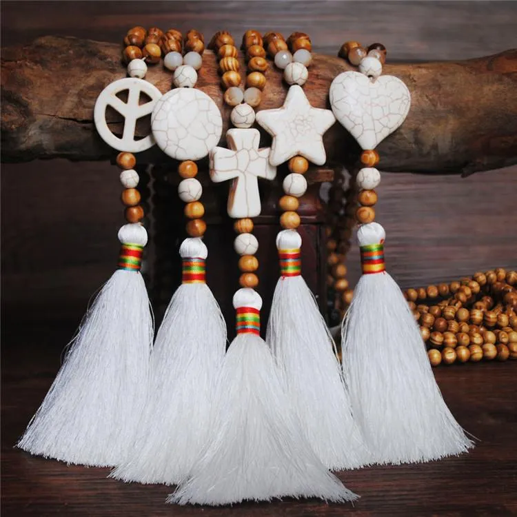 Women's White Thread Ethnic Style Handmade Wooden Beads Necklace - Unique Design with White Tassel