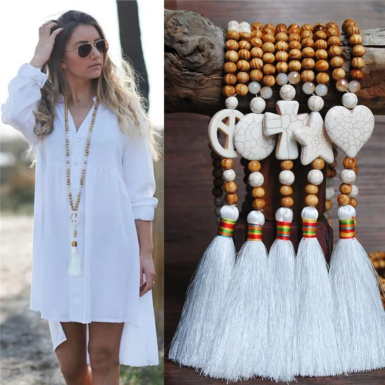 Women's White Thread Ethnic Style Handmade Wooden Beads Necklace - Unique Shape with White Tassel