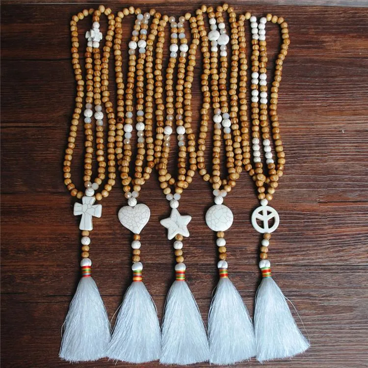 Women's White Thread Ethnic Style Handmade Wooden Beads Necklace - Unique Shape with White Tassel