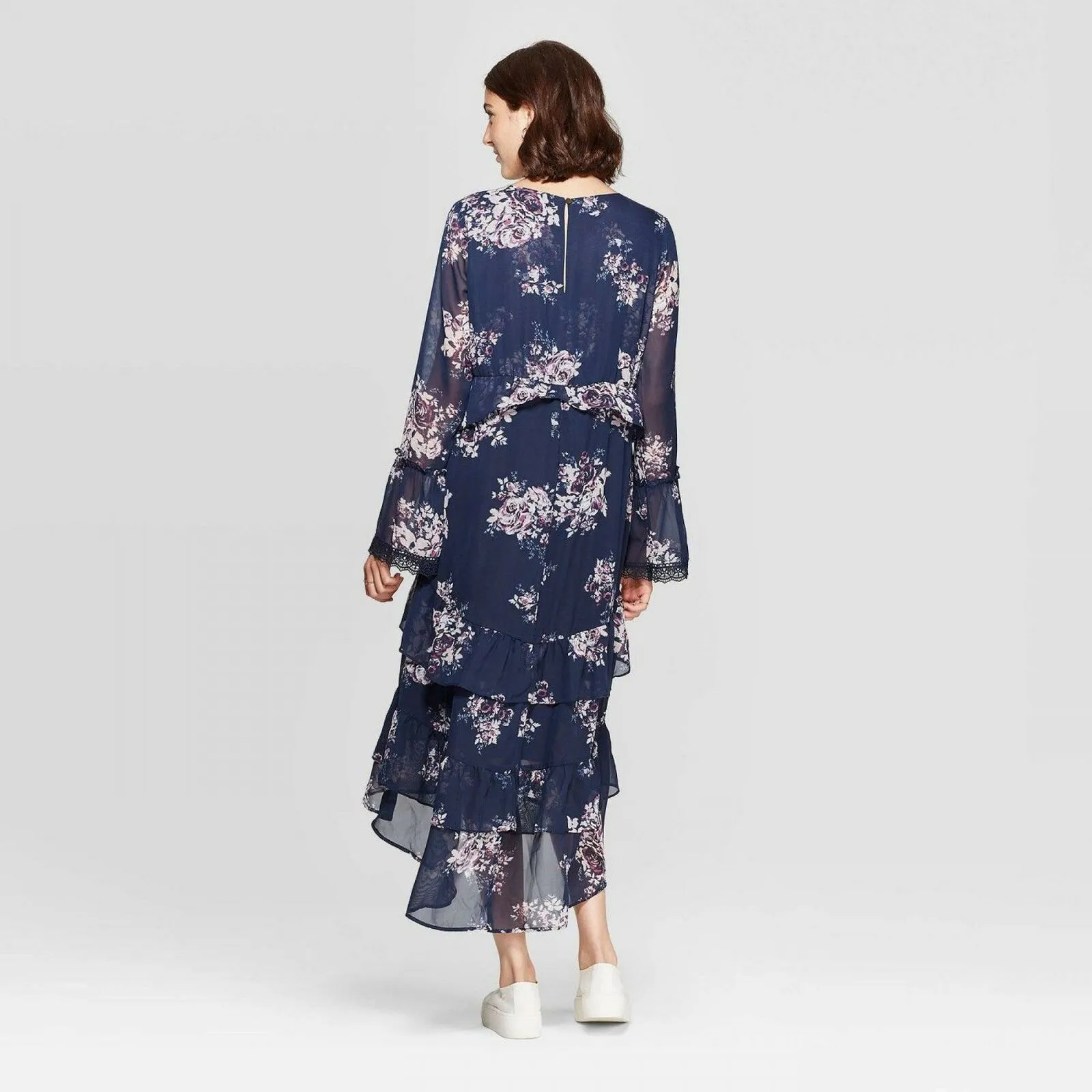 Xhilaration Women's Floral Print Long Sleeve V-Neck Tiered Ruffle Midi Dress