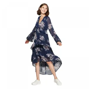 Xhilaration Women's Floral Print Long Sleeve V-Neck Tiered Ruffle Midi Dress
