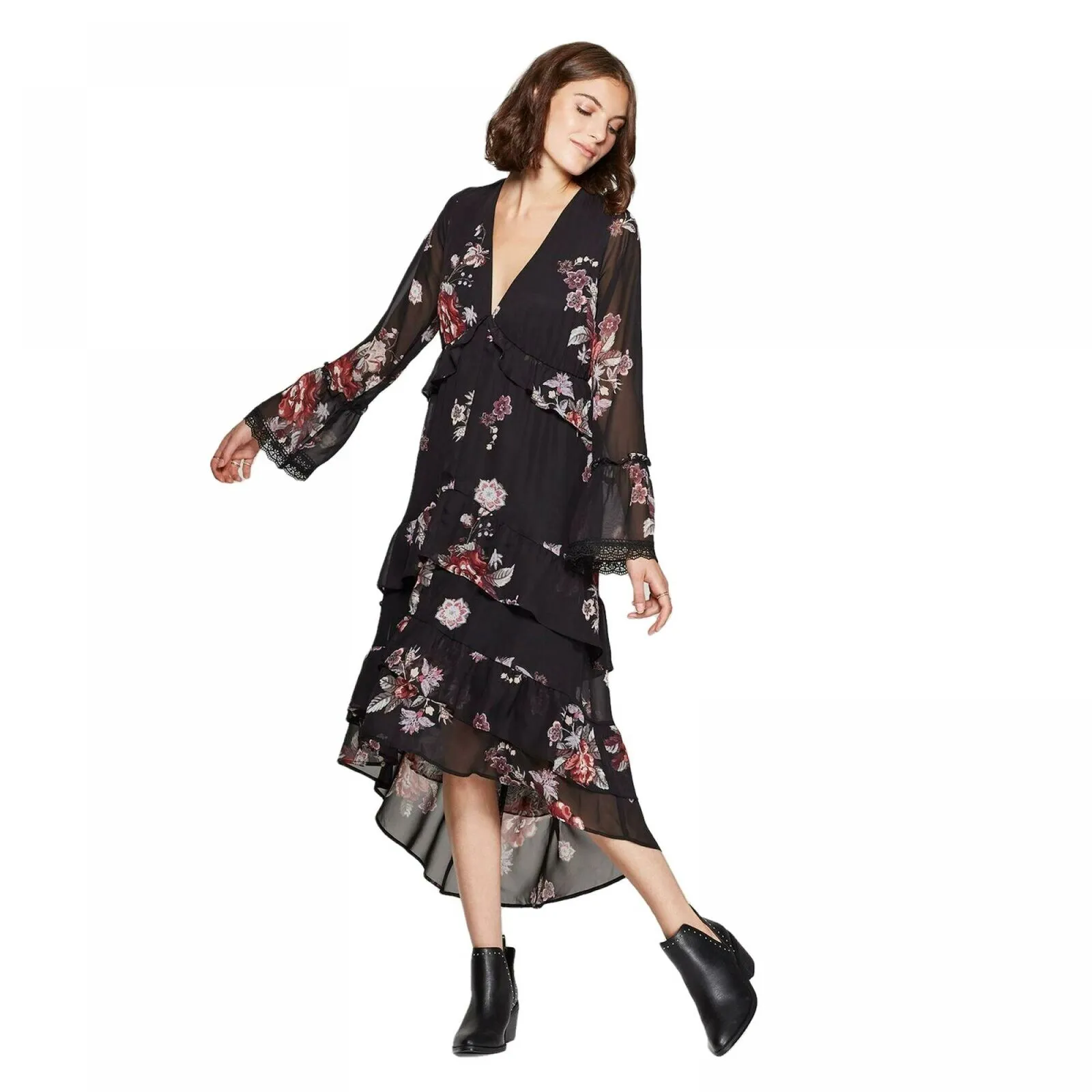 Xhilaration Women's Floral Print Long Sleeve V-Neck Tiered Ruffle Midi Dress
