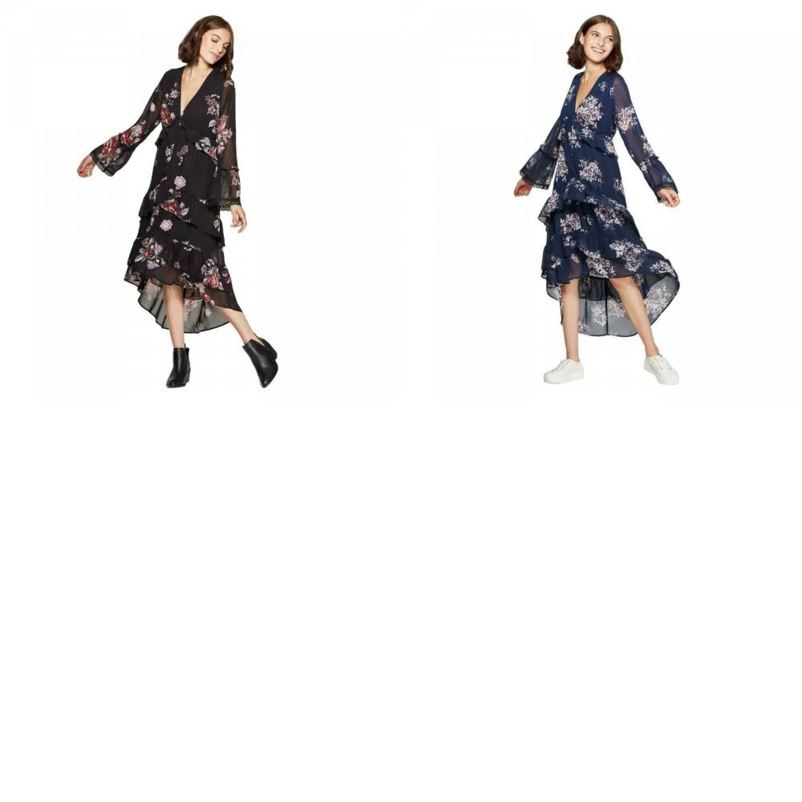 Xhilaration Women's Floral Print Long Sleeve V-Neck Tiered Ruffle Midi Dress