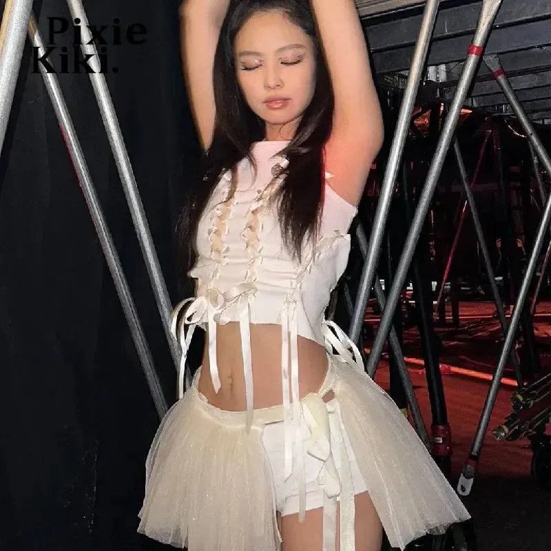 Y2k Fairy Aesthetic Tank Top Bow Lace-Up Hollow Out Ribbed Crop Top White Summer Sexy Tank Top for Women