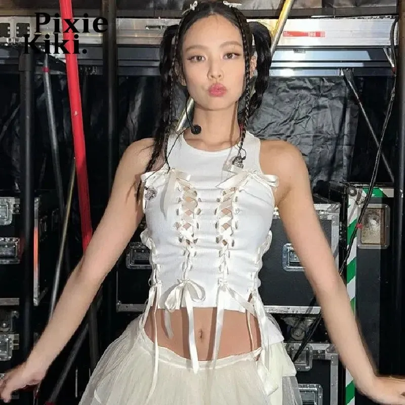 Y2k Fairy Aesthetic Tank Top Bow Lace-Up Hollow Out Ribbed Crop Top White Summer Sexy Tank Top for Women