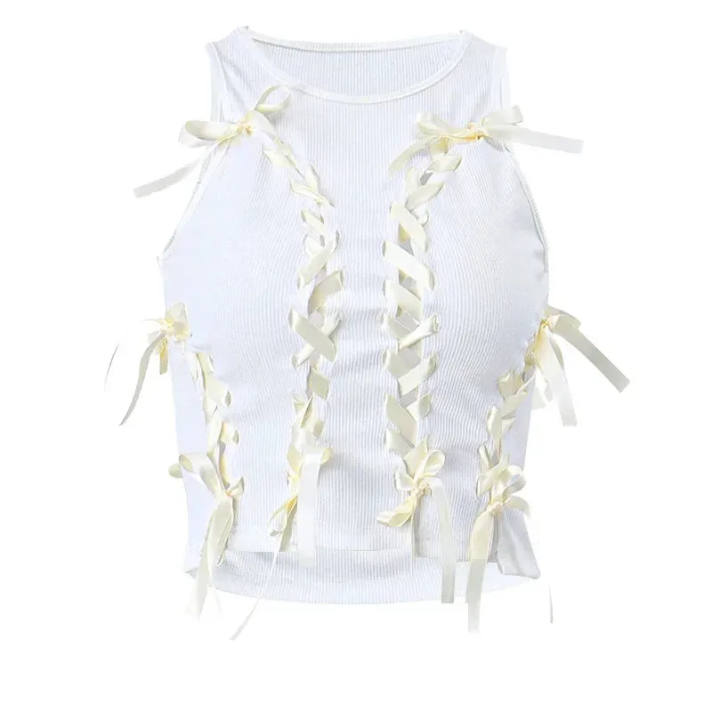 Y2k Fairy Aesthetic Tank Top Bow Lace-Up Hollow Out Ribbed Crop Top White Summer Sexy Tank Top for Women