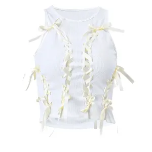 Y2k Fairy Aesthetic Tank Top Bow Lace-Up Hollow Out Ribbed Crop Top White Summer Sexy Tank Top for Women