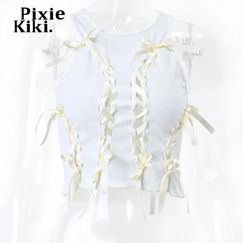 Y2k Fairy Aesthetic Tank Top Bow Lace-Up Hollow Out Ribbed Crop Top White Summer Sexy Tank Top for Women