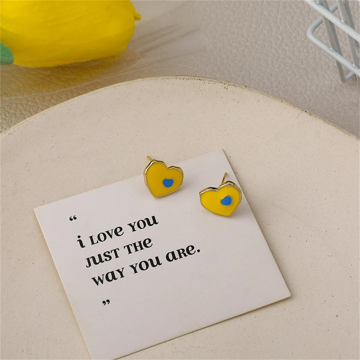 Yellow & Blue Enamel Heart Stud Earrings