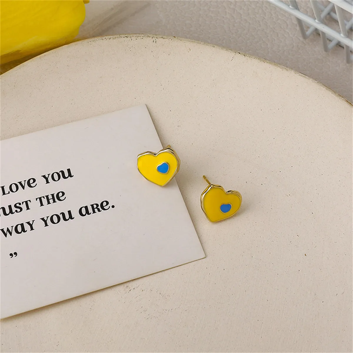 Yellow & Blue Enamel Heart Stud Earrings