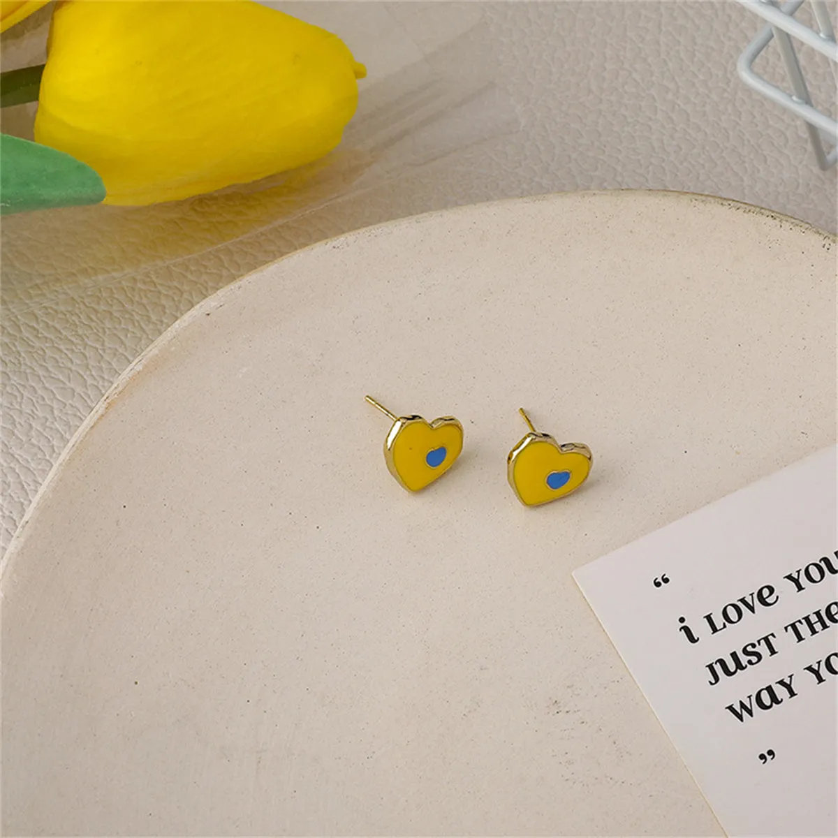 Yellow & Blue Enamel Heart Stud Earrings