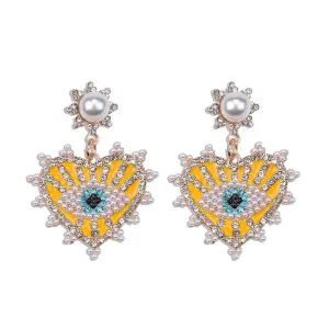 Yellow & Cubic Zirconia Eye In Heart Drop Earrings
