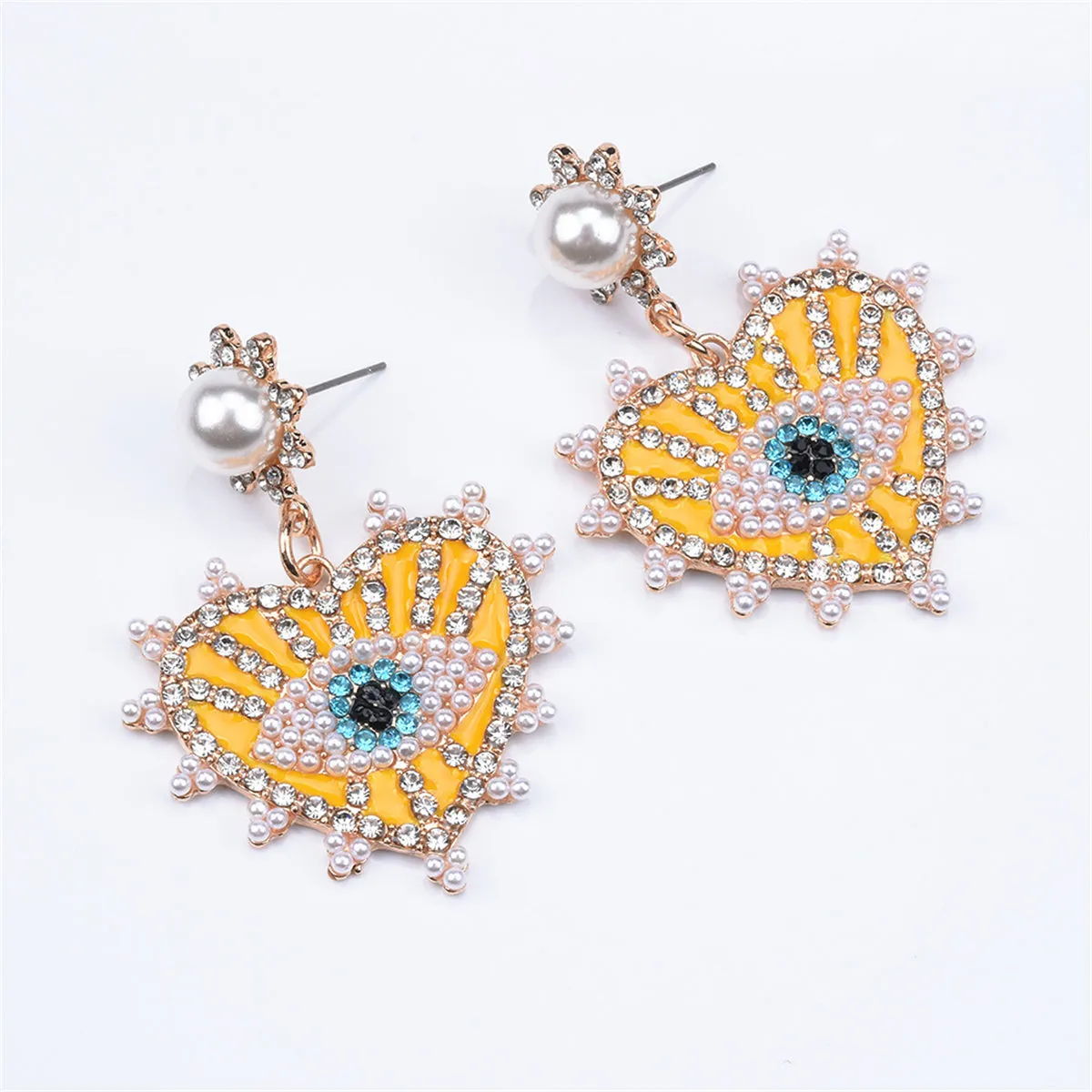 Yellow & Cubic Zirconia Eye In Heart Drop Earrings